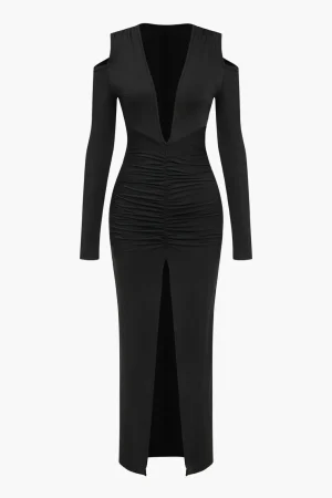 Ruched V-Neck Long Sleeve Maxi Dress>MICAS Best