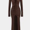 Ruched V-Neck Long Sleeve Maxi Dress>MICAS Fashion