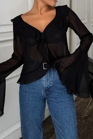 Ruffle Detail Sheer Mesh Long-Sleeve Shirt>MICAS Fashion