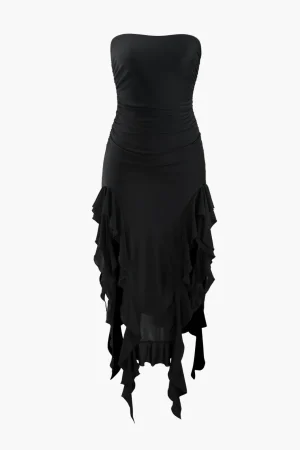 Ruffle Hem Slit Strapless Midi Dress>MICAS Clearance