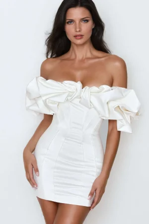 Ruffle Neckline Off The Shoulder Mini Dress>MICAS New