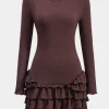 Ruffle Round Neck Long Sleeve Mini Dress>MICAS Outlet