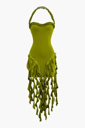 Ruffle Tassel Halter Bustier Mini Dress>MICAS Best