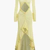 Ruffle Trim Ruched Cut Out Maxi Dress>MICAS New