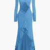 Ruffle Trim Ruched Cut Out Maxi Dress>MICAS New
