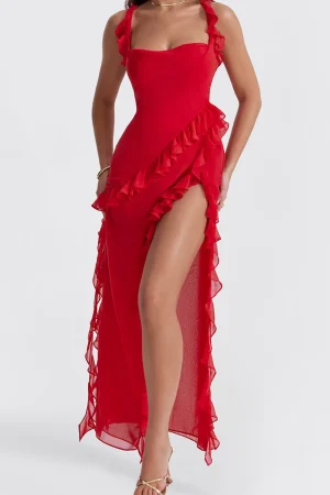 Ruffle Trim Square Neck Slit Sleeveless Maxi Dress>MICAS Outlet