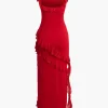Ruffle Trim Square Neck Slit Sleeveless Maxi Dress>MICAS Outlet