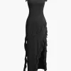 Ruffle Trim Square Neck Slit Sleeveless Maxi Dress>MICAS Outlet