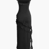Ruffle Trim Square Neck Slit Sleeveless Maxi Dress>MICAS Outlet