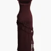 Ruffle Trim Square Neck Slit Sleeveless Maxi Dress>MICAS Outlet