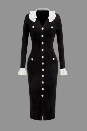 Ruffled Cuffs And Collar Ribbed Knit Button Front Midi Dress>MICAS Clearance