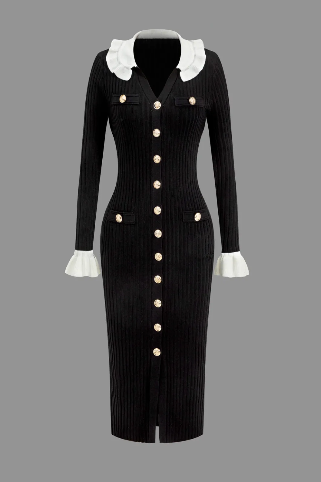 Ruffled Cuffs And Collar Ribbed Knit Button Front Midi Dress>MICAS Clearance