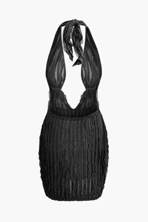 Ruffled Halter Backless Deep V-neck Mini Dress>MICAS Online
