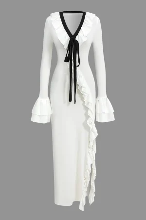 Ruffled V-Neck Long Sleeve Maxi Dress>MICAS Best