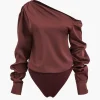 Satin Asymmetrical Long Sleeve Ruched Bodysuit>MICAS Outlet