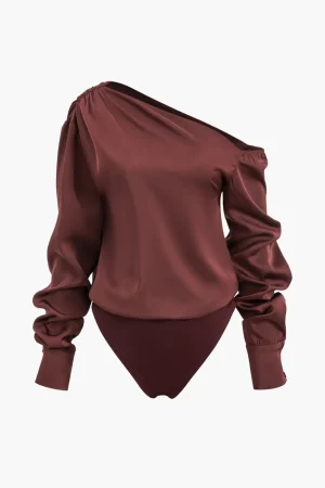 Satin Asymmetrical Long Sleeve Ruched Bodysuit>MICAS Outlet