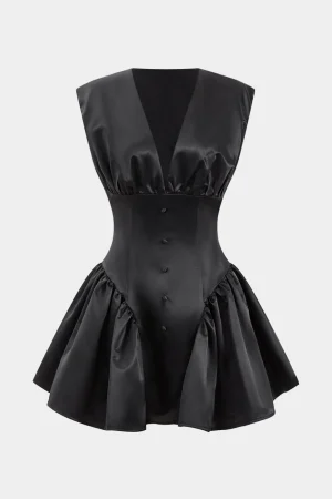 Satin Button Ruched Mini Dress>MICAS New