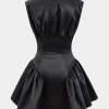 Satin Button Ruched Mini Dress>MICAS New