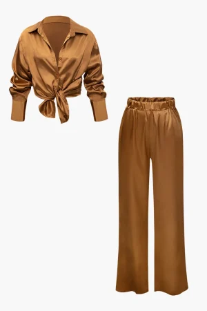 Satin Button Up Long Sleeve Shirt And Pants Set>MICAS Discount