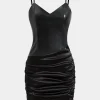 Satin Faux Leather Patchwork Ruched Slip Mini Dress>MICAS Sale