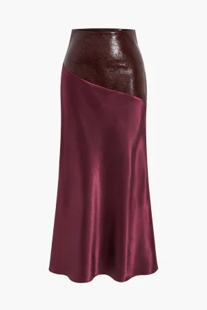 Satin Patchwork Faux Leather Asymmetrical Skirt>MICAS Fashion
