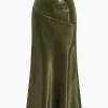 Satin Patchwork Faux Leather Asymmetrical Skirt>MICAS Fashion