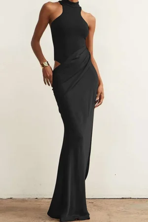 Satin Patchwork Sleeveless Maxi Dress>MICAS Fashion