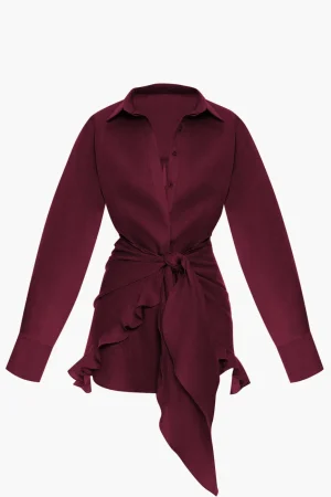 Satin Tie Front Ruffle Long Sleeve Mini Dress>MICAS Sale