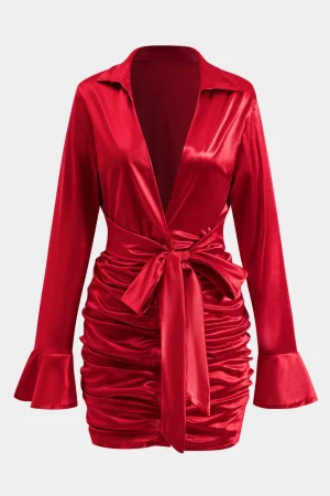Satin Tie-Up Ruched Long Sleeve Mini Dress>MICAS Clearance