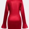 Satin Tie-Up Ruched Long Sleeve Mini Dress>MICAS Clearance