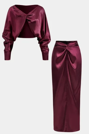 Satin Twist Knot Long Sleeve Top And Skirt Set>MICAS Hot