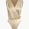 Satin V-neck Ruched Panelled Sleeveless Bodysuit>MICAS Clearance