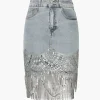 Sequin Fringe Hem Denim Skirt>MICAS Outlet