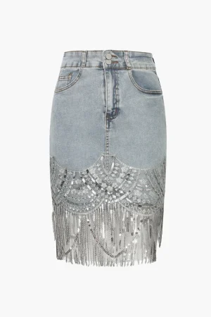 Sequin Fringe Hem Denim Skirt>MICAS Outlet