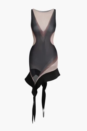 Sheer Abstract Mesh Asymmetric Mini Dress>MICAS Outlet