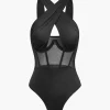 Sheer Mesh Patchwork Corset Bodysuit>MICAS Fashion