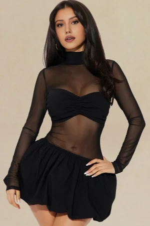 Sheer Mesh Patchwork Long Sleeve Mini Dress>MICAS Sale