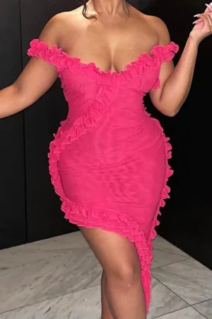 Sheer Mesh Ruffle Trim Asymmetrical Cross Backless Mini Dress>MICAS Online