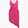 Sheer Mesh Ruffle Trim Asymmetrical Cross Backless Mini Dress>MICAS Online