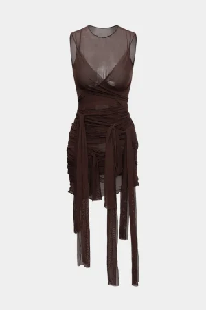 Sheer Mesh Wrap Tie Ribbon Mini Dress>MICAS Outlet