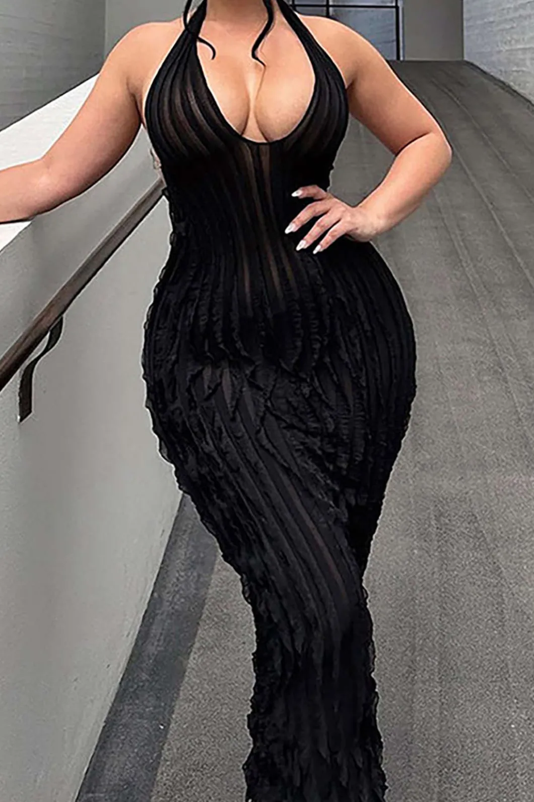 Sheer Ruffle Texture Halter Backless Maxi Dress>MICAS Discount