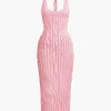 Sheer Ruffle Texture Halter Backless Maxi Dress>MICAS Discount