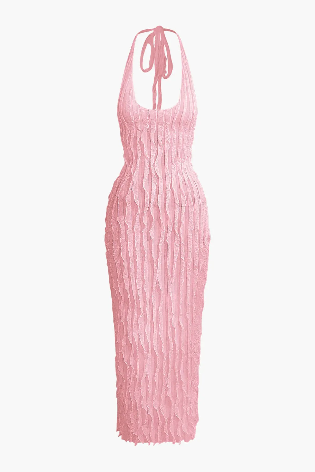 Sheer Ruffle Texture Halter Backless Maxi Dress>MICAS Discount