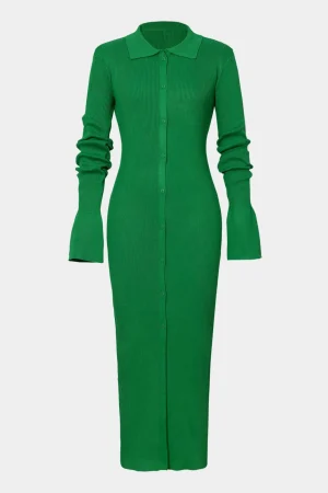 Shell Sleeve Ribbed Buttons Down Maxi Dress>MICAS Fashion