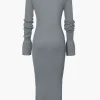 Shell Sleeve Ribbed Buttons Down Maxi Dress>MICAS Fashion