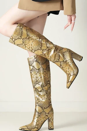 Snake Pattern Faux Leather Pointed Toe Knee High Boots>MICAS Sale