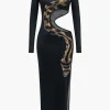 Snake Print Cut Out Long Sleeve Slit Maxi Dress>MICAS Sale