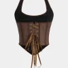 Snake Skin Faux Leather Tie-Up Cami Top>MICAS New