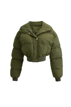 Solid Button Zipper Puffer Outerwear>MICAS New