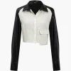 Solid Asymmetrical Faux Leather Patchwork Pocket Long-Sleeve Shirt>MICAS Outlet